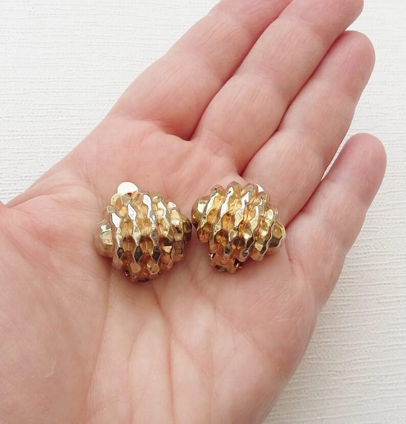 Modernist Earrings Gold Tone Clip Ons 1980s Textured Convex Surface Organic Shell Shape