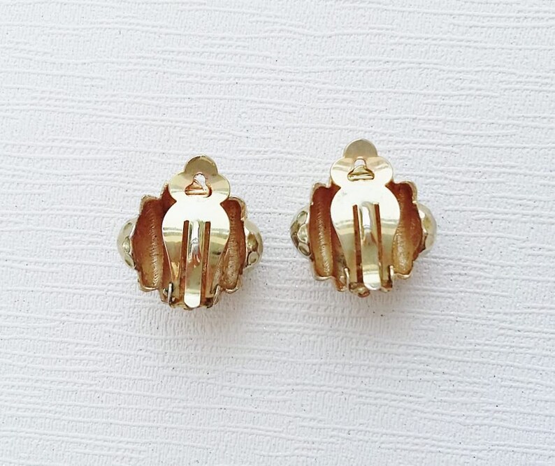 Modernist Earrings Gold Tone Clip Ons 1980s Textured Convex Surface Organic Shell Shape
