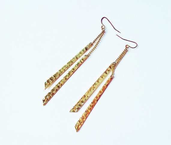 Long Shard Earrings Dangly Hammered Effect Gold Tone Metal Metallic Oversized Dangle Statement Jewellery Sophisticated Evening Wear