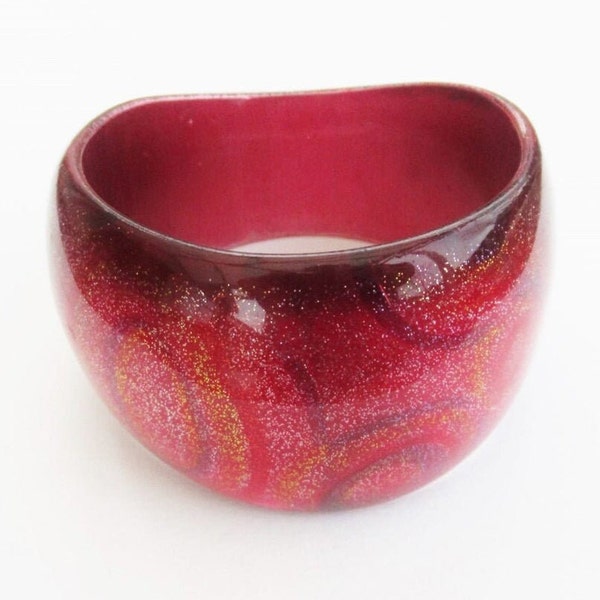 Pink Red Chunky Bangle Glittery Shaped Wide Cuff With Glitter & Swirls