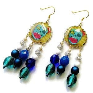Mexican Folk Art Earrings Bright Colourful Dia De Los Muertos Day Of The Dead Sugar Skull