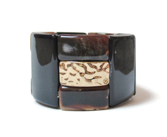 Brown Gold Chunky Wide Bracelet Cuff Marbled Luci… - image 3