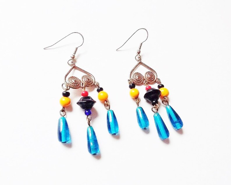 Boho Earrings Multicolour Multicolor Dangly Beads Long Dangly Gypsy Tribal Asian Eastern Style