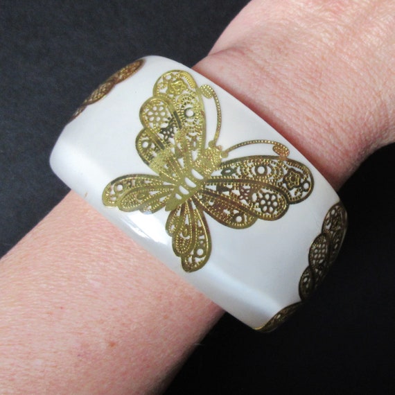 White Butterfly Bangle Gold Foil Embedded Lucite … - image 3
