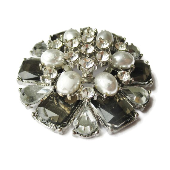 Large Statement Brooch Silver Rhinestone & Pearl … - image 6