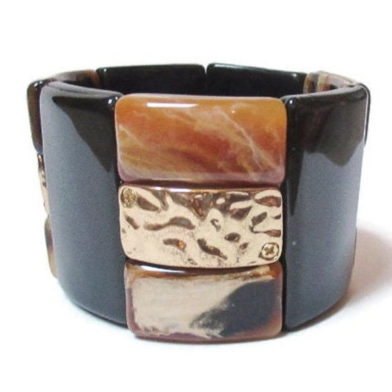 Brown Gold Chunky Wide Bracelet Cuff Marbled Luci… - image 1