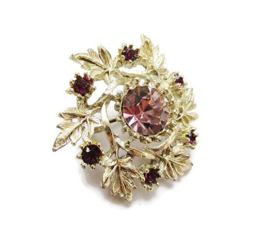Pink Rhinestone Brooch Ornate Silver Filigree Lea… - image 6
