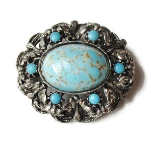 Turquoise Domed Cabochons Brooch Ornate Silver Filigree Border Oval Victorian Edwardian Style Pin