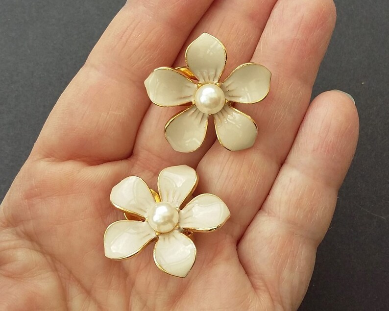 Beige Flower Earrings Clip Ons Enamel Pearl Detail Cream Ecru Statement Jewelry