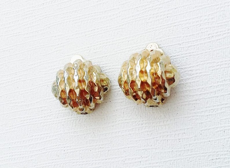 Modernist Earrings Gold Tone Clip Ons 1980s Textured Convex Surface Organic Shell Shape