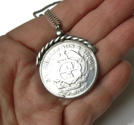 Antique Coin Pendant South African Silver 2 1/2 S… - image 7