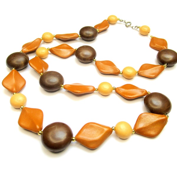 Brown & Tan Necklace Retro Mod Two Tone Shaped Beads Coffee And Caramel Tones