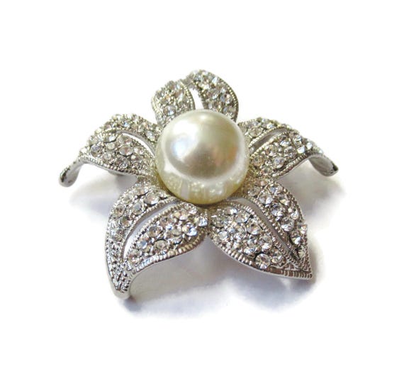 Rhinestone Flower Brooch Dramatic Silver & White … - image 5