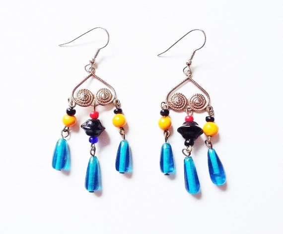 Boho Earrings Multicolour Multicolor Dangly Beads Long Dangly Gypsy Tribal Asian Eastern Style
