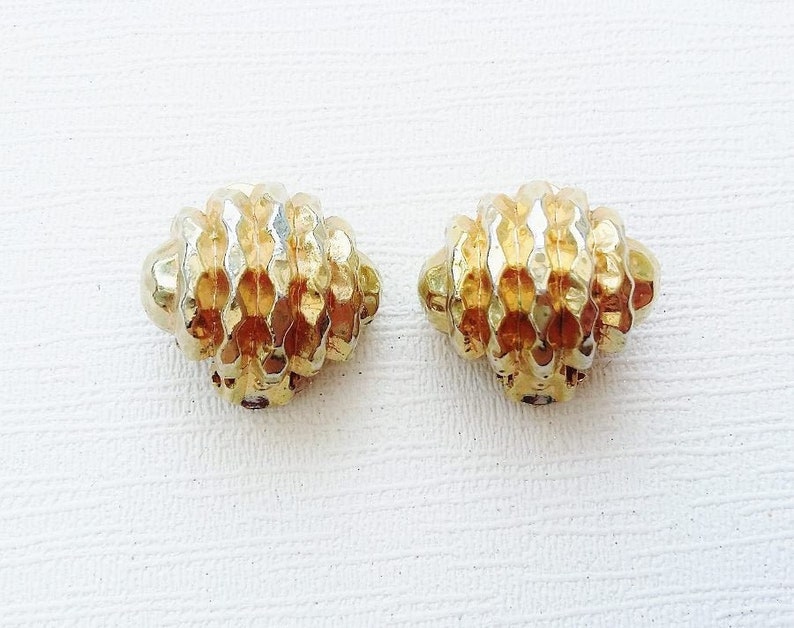 Modernist Earrings Gold Tone Clip Ons 1980s Textured Convex Surface Organic Shell Shape