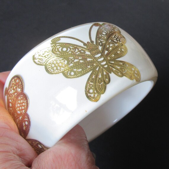 White Butterfly Bangle Gold Foil Embedded Lucite … - image 2