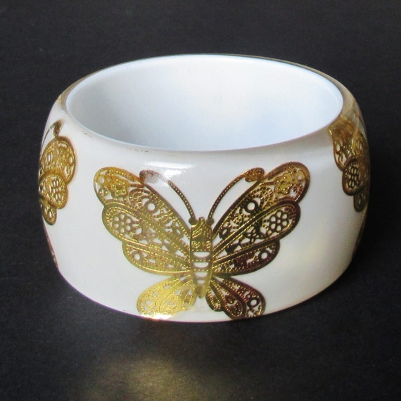White Butterfly Bangle Gold Foil Embedded Lucite … - image 1