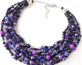 Black and purple necklace, statement necklace, pearl necklace, gemstone,crystal,beaded, gift set, handmade by Casual Bling