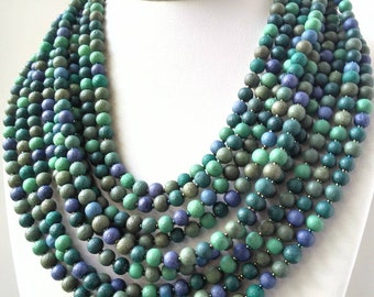 beaded necklace for women, green statement necklace, wooden bead necklace, bold jewelry, blue and green