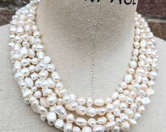 Cream Freshwater Pearl Bridal Necklace, Multi Strand Wedding Jewelry