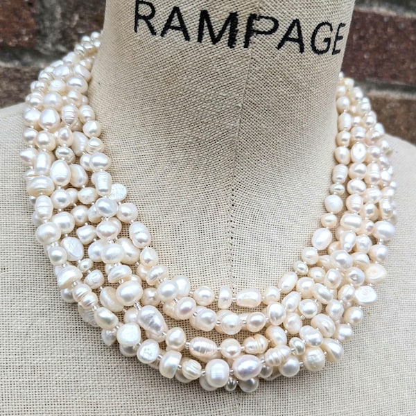 Cream Freshwater Pearl Bridal Necklace, Multi Strand Wedding Jewelry