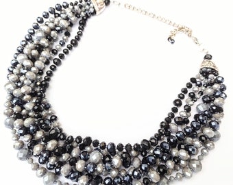 Black and gray crystal necklace, mid-century, 1950's jewelry, statement necklace, evening jewelry