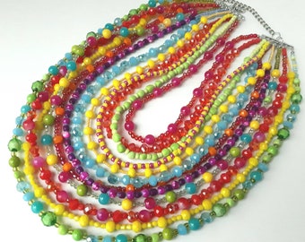Summer necklace, rainbow,bib necklace, long necklace, multi color, boho jewelry, unique, colorful, bib necklace, trendy jewelry, multi color