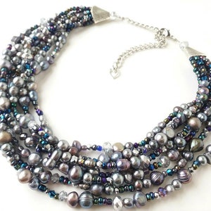 Peacock silver statement necklace with peacock freshwater pearls, artisan jewelry, ooak, sale