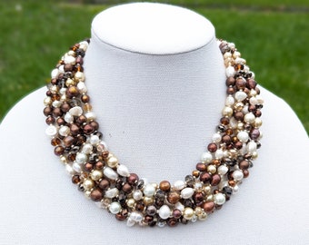 Freshwater Pearl Statement Necklace, Brown Cream Gold Beaded Jewelry