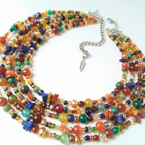 Gemstone necklace, beaded necklace for women, colorful statement necklace, 5 strand