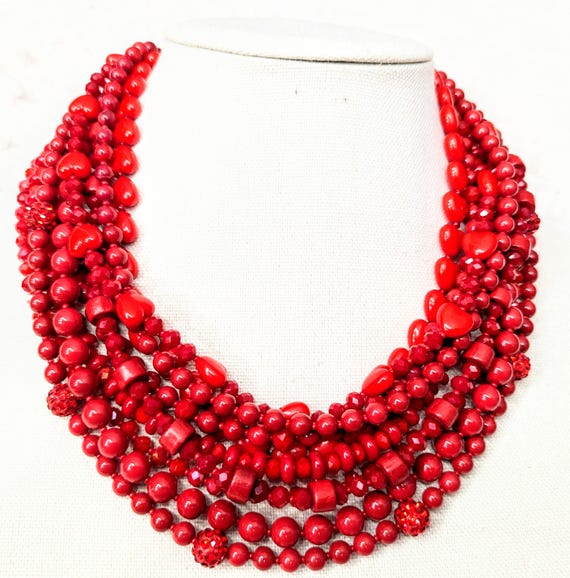 Cherry Red Beaded Multi Strand Statement Necklace - Etsy
