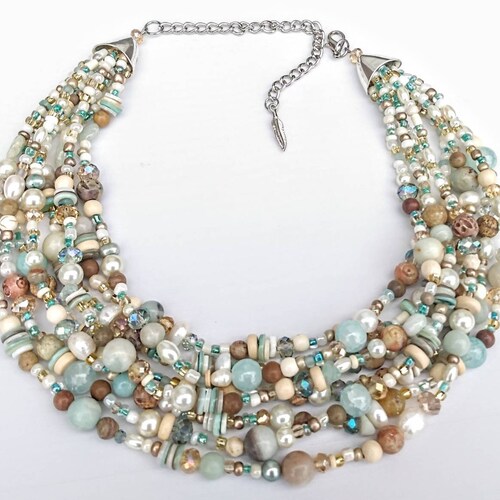Gemstone necklace, aqua necklace, multistrand beaded necklace, shops holiday jewelry, beaded necklace for women
