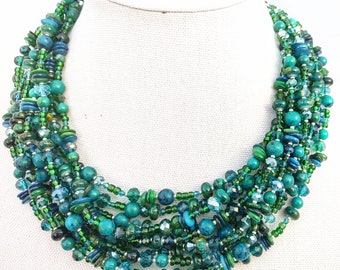 Blue and green beaded necklace, crystal necklace, statement jewelry, 9 strand, shell necklace, Casual Bling, womens gift idea, turqoise