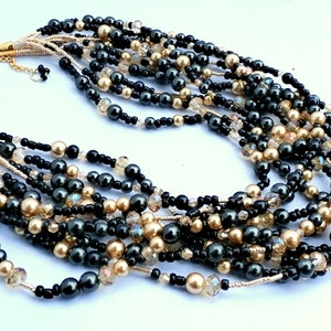 Black and gold necklace, pearl and crystal, multistrand necklace,chunky, beaded jewelry, handmade, unique jewelry, choker