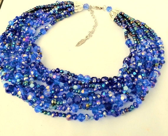 Blue Crystal Necklace Beaded Statement Necklace Evening - Etsy