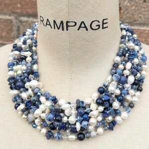 Lapis lazuli statement necklace, freshwater pearl and gemstone necklace, denim multistrand necklace