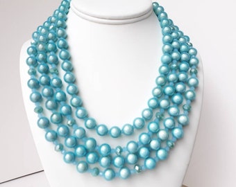 Light blue necklace, bib, statement necklace, 4 strand, crystal, beaded, necklace for woman