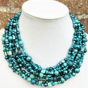 Teal and Turquoise necklace, blue, green, chunky, multistrand, gemstone, crystal, shell beaded, handmade by Casual Bling