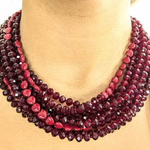 Dark ruby red crystal necklace, garnet statement necklace, red heart jewelry, red heart necklace, multi strand red necklace