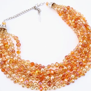 Orange cocktail necklace, colorful statement necklace, crystal necklace, multi strand, beaded jewelry, handmade