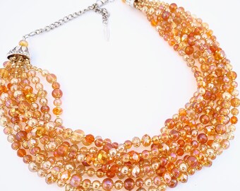 Orange cocktail necklace, colorful statement necklace, crystal necklace, multi strand, beaded jewelry, handmade