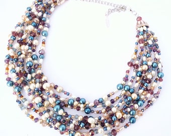 Pearl statement necklace, beaded necklace for women, crystal statement necklace, multi color, multistrand, unique jewelry