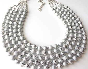 Silver beaded necklace, silver statement necklace, 1950s style jewelry, mid century necklace