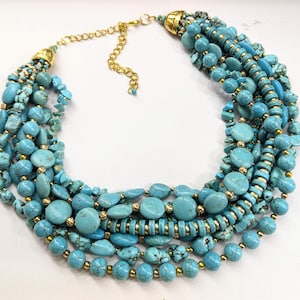 turquoise and gold statement necklace, SALE chunky turquoise necklace, beaded multi strand turquoise necklace