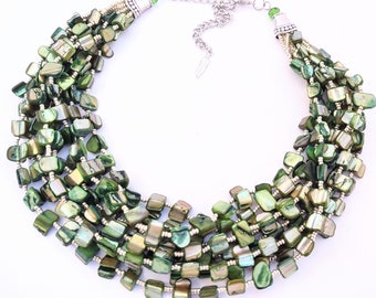 Green gemstone necklace, mother of pearl statement necklace, lime green, multistrand, unique necklace