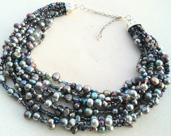 OOAK Gray silver necklace, freshwater Pearl and Crystal multistrand statement