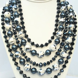 Black and White necklace, chunky necklace, beaded bib necklace, layered necklace, black crystal necklace, black and white jewelry