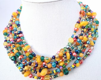 Yellow statement necklace, multi strand, crystal, gemstone, summer jewelry, colorful, rainbow necklace