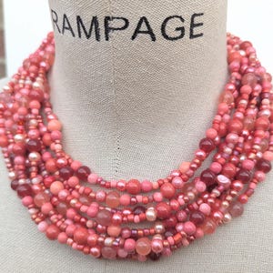 Salmon statement necklace, coral, multistrand pearl and crystal necklace, gemstone, pearl necklace, peach, pink