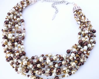 Pearl beaded necklace, cream, gold, and brown necklace for women, brown, tan, cream, multistrand, crystal, pearl necklace